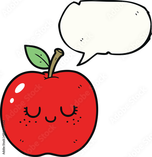 Cute red apple character with closed eyes and empty speech bubble, playful hand-drawn cartoon illustration