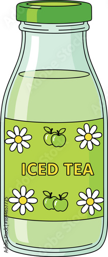 Green iced tea bottle with floral label, flat vector illustration representing refreshing beverage and natural drink packaging