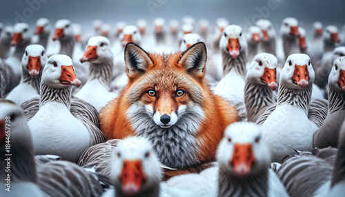 Red Fox Hiding in a Crowd of Geese, Predator and Prey Wildlife Concept