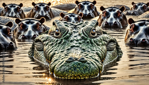 Crocodile in Water Hiding in the Hippopotamus Group, Wild Animal Conflict Concept
