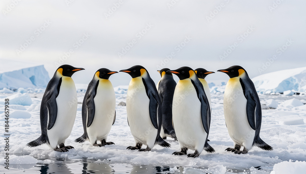 Fototapeta premium Penguins standing on a snowy Antarctic shore on World Wildlife Day