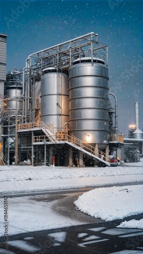 Industrial factories in a snowy winter setting.