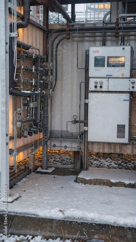 Industrial factories in a snowy winter setting.