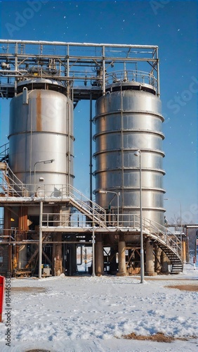 Industrial factories in a snowy winter setting.