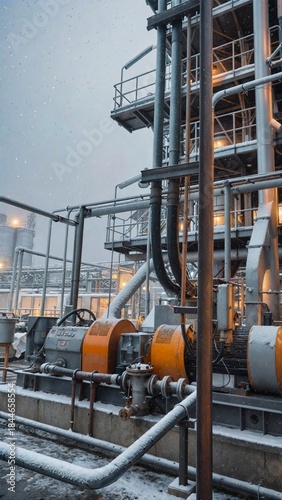 Industrial factories in a snowy winter setting.