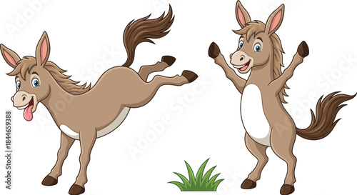 Two cartoon donkeys in playful poses, kicking and dancing with joy, humorous animal scene, flat vector illustration
