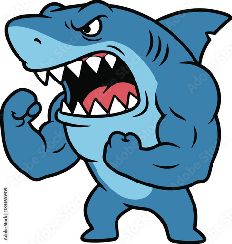 Superhero shark, cartoon character, muscular animal, fighting pose, clenched fists, aggressive expression, vector art, flat illustration, marine strength, comic style