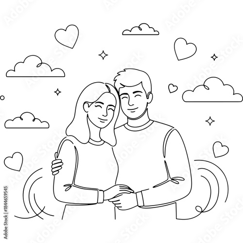 A loving couple embracing with hearts and clouds in the background Vector