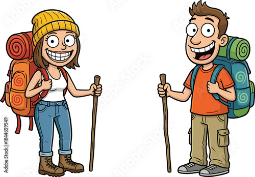 Cartoon hikers, outdoor adventure, backpack gear, walking sticks, smiling characters, camping outfit, vector art, flat illustration, trekking duo, nature lovers