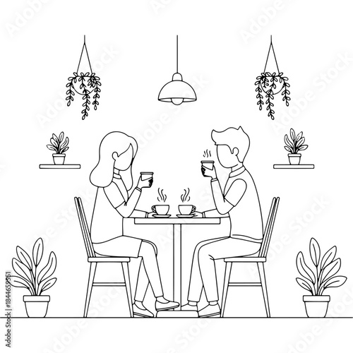 Couple enjoying coffee at a cafe with plants and hanging lights Vector