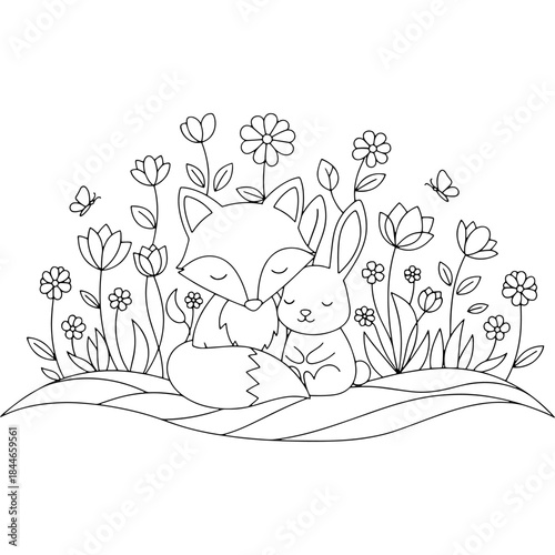 Cute fox and bunny cuddling in a field of flowers Vector