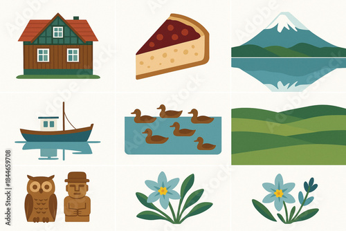 Chilean Lakes District Icon Grid Vector Illustration with Nature, Architecture and Local Traditions