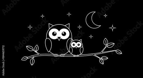 Two cute owls sitting on a branch under the night sky Vector