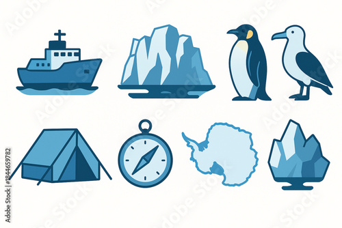 Magallanes and Chilean Antarctica Icon Set Vector Illustration with Penguins, Icebergs and Polar Symbols