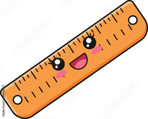 Cute ruler cartoon vector illustration with smiling face, kawaii school stationery icon for kids education design