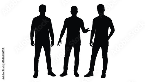 Three male figures stand together in a dark striking silhouette