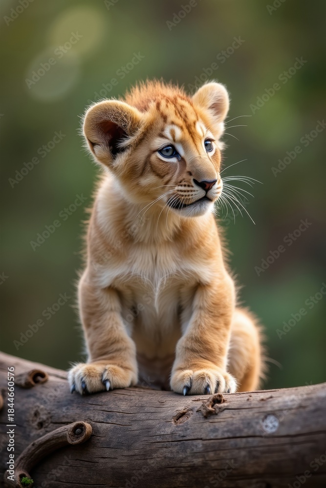 Obraz premium A curious and adorable lion cub sitting on a wooden log in a natural environment