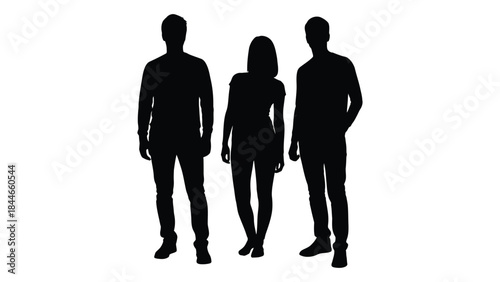 Three people standing together in a dark contrasting visual representation silhouette