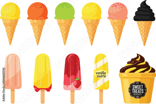 Ice cream and popsicle vector set with assorted flavors, cones and cups, colorful summer dessert illustration