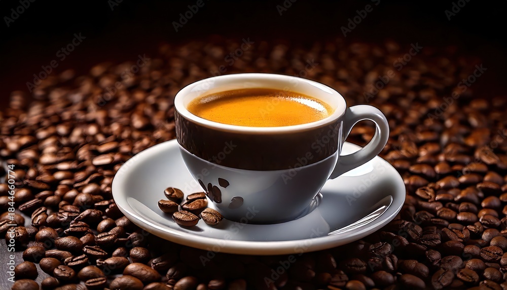 Fototapeta premium Close-Up of Luxury Espresso Cup with Rich Crema and Scattered Coffee Beans