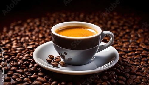 Close-Up of Luxury Espresso Cup with Rich Crema and Scattered Coffee Beans
