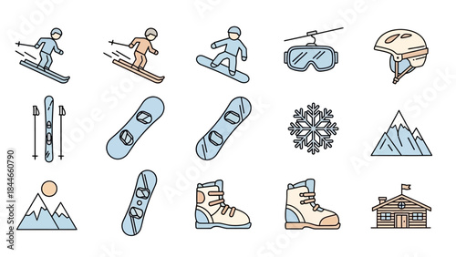 Skiing and Snowboarding Icons Set Collection.