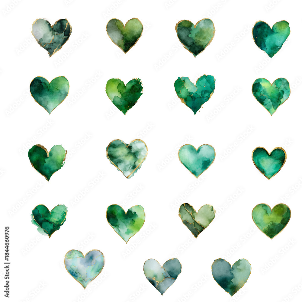 Fototapeta premium Watercolor green gold heart set abstract elegant texture isolated on white