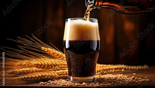 Dark Stout Beer Pouring into Glass with Thick Creamy Foam and Barley