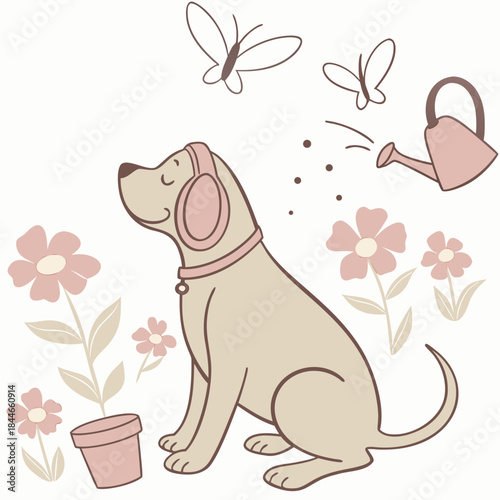 Whimsical Bloodhound feeling Mischievous in a Spring garden setting with wearing headphones – colored in Spring Garden