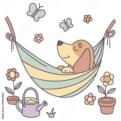 Dreamy Bloodhound with in a hammock, set in a charming Spring garden theme – Spring Garden color vector art
