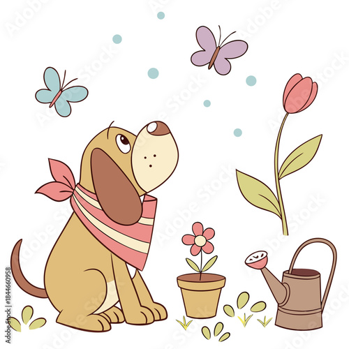 Spring Garden themed SVG: Grumpy Bloodhound with with a scarf in a Spring garden environment