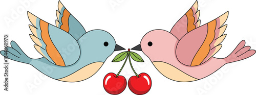Cute love birds vector illustration holding cherries, romantic animal couple design for valentine, wedding, and greeting projects