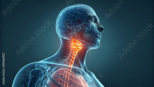 3d rendering of human throat anatomy highlighting larynx and trachea in pain