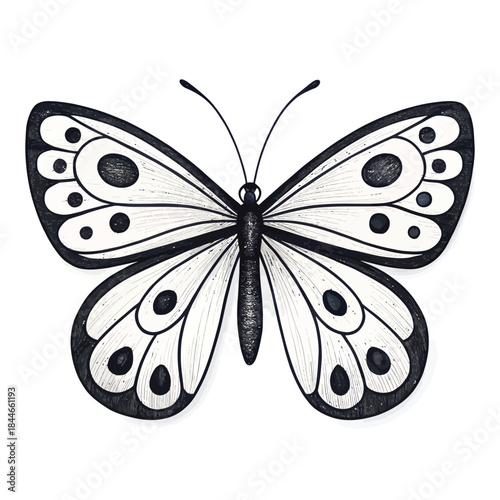 Black and white butterfly with dotted wings on white background