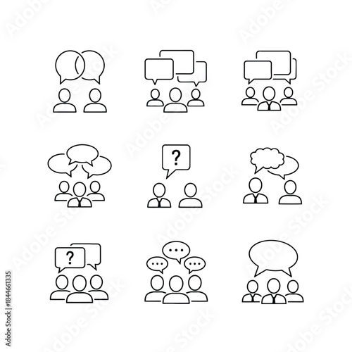Line art icons depicting group communication and dialogue concepts