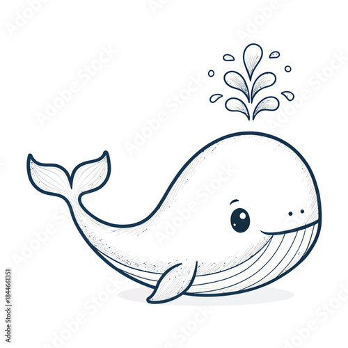 Whimsical hand-drawn whale spouting water on white background