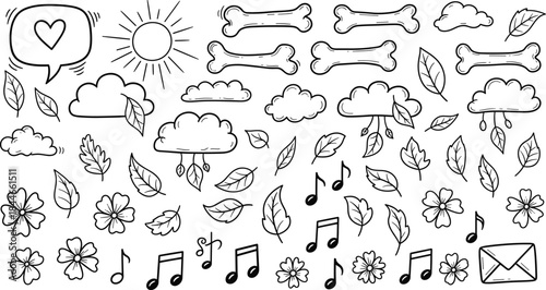 Hand drawn doodle vector elements set with leaves clouds bones sun flowers music notes and envelope icons