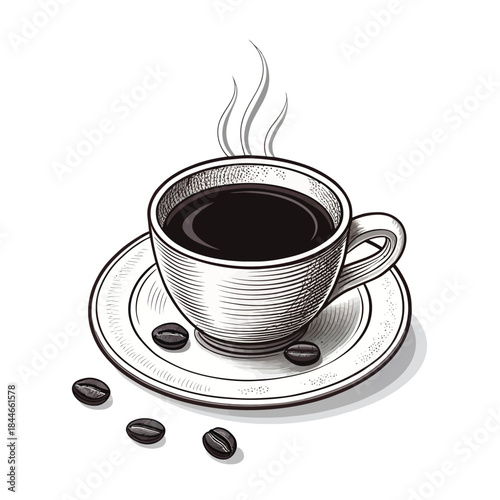 Steaming cup of coffee with beans on a saucer Keywords: coffee, cup, saucer, beans, steaming
