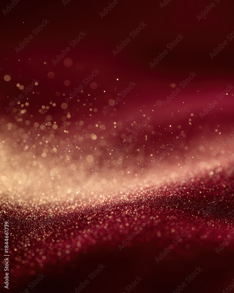 Obraz premium Abstract background of shimmering gold metallic dust falling across a field of deep ruby red, creating a dynamic, high-end celebratory sparkle effect.