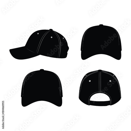 Black baseball caps displayed in four different views for design purposes