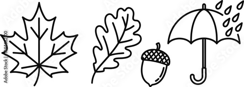 Autumn season icon set with leaf, acorn, and umbrella, black and white outline vector