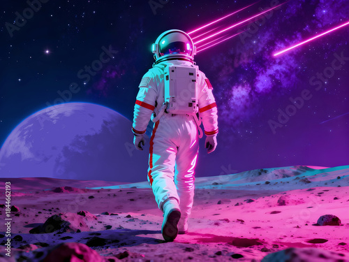 The back of an astronaut exploring a strange planet. A Purple planet in the background. Science fiction illustration in synthwave colors