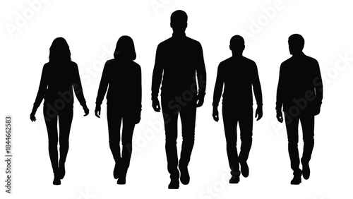A group of five people walking forward shown as a striking black silhouette