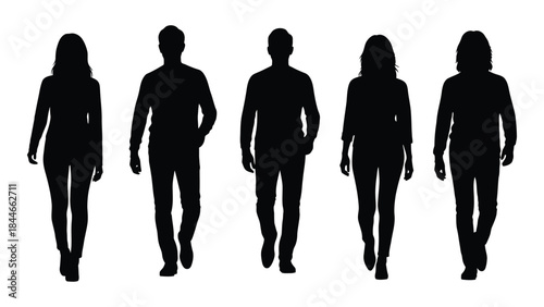 A group of five people walking forward depicted as a striking black silhouette