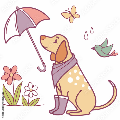 A Playful Bloodhound with with a scarf in a Spring theme – Blooming Renewal palette SVG illustration