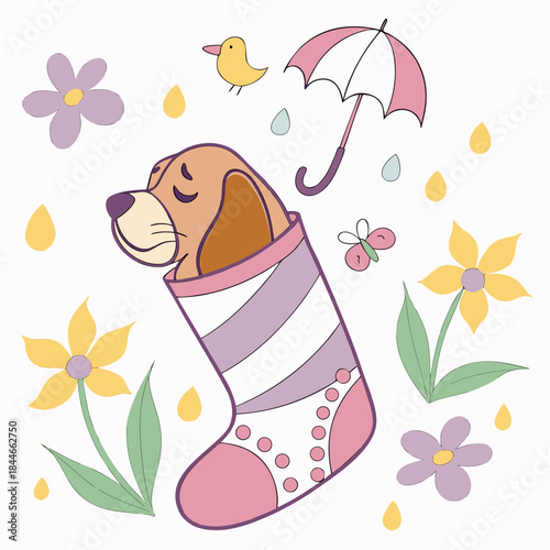 Content Bloodhound with snuggled in a sock, set in a charming Spring theme – Blooming Renewal color vector art