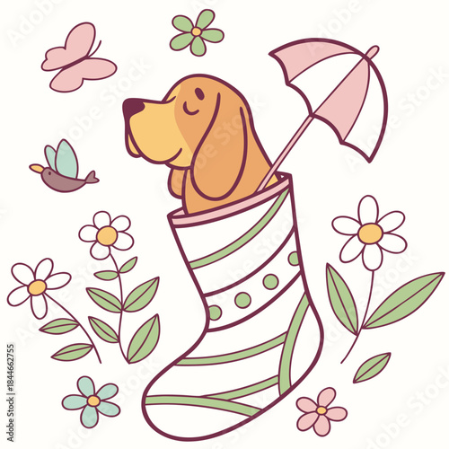 Whimsical Bloodhound feeling Gentle in a Spring setting with snuggled in a sock – colored in Blooming Renewal