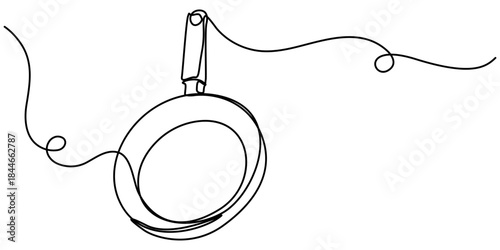 Frying pan continuous one line drawing, of a kitchen skillet with a handle with editable on a white background. outline Vector illustration. 