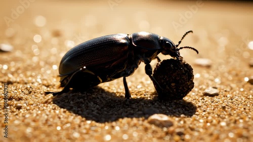 Beetle Pushing Rolling Dung Ball on Sandy Beach, Close Up