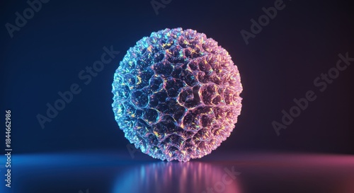 Three dimensional textured sphere glows with vibrant neon lighting against a dark background